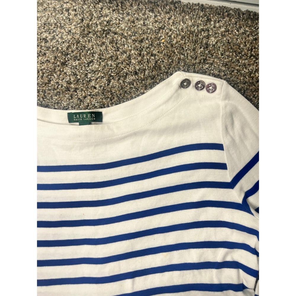Lauren Ralph Lauren Striped Boatneck Top nautical White Anchor Button Cotton L - Picture 5 of 6